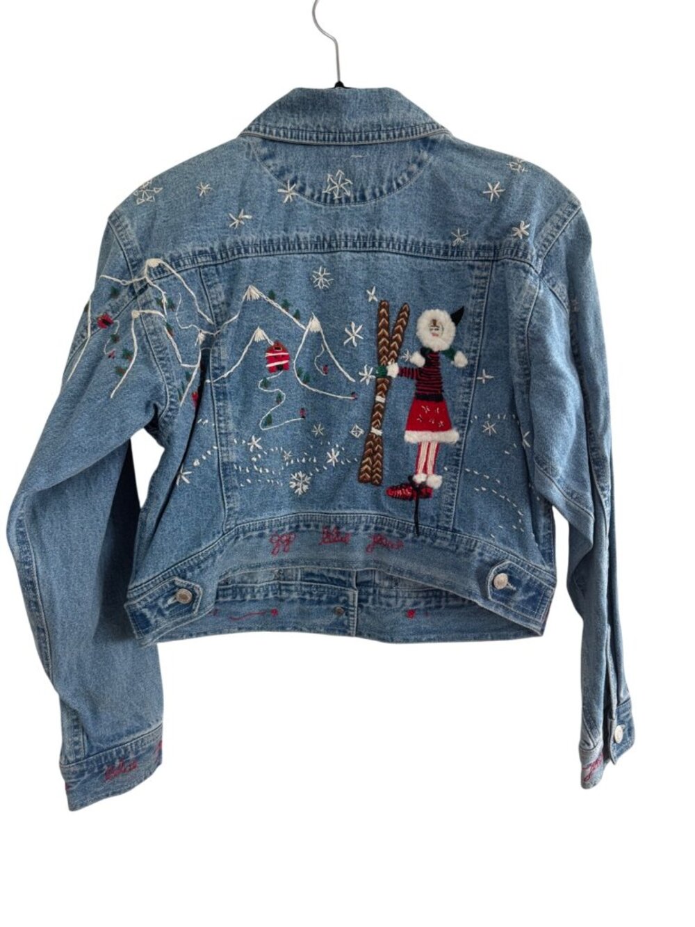 Gap Denim Jacket L/XL youth Hand-Embroidered Winter Scene Cotton Blue